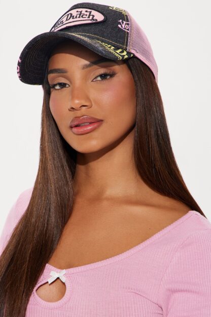 Gorra Trucker de Denim Oscuro con Logo Rosa